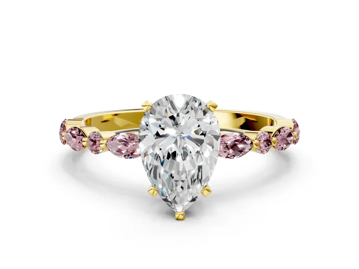 Pear Cut Diamond Ring with Marquise and Round Morganite Side Stones and Four-Prong Setting Yellow gold
