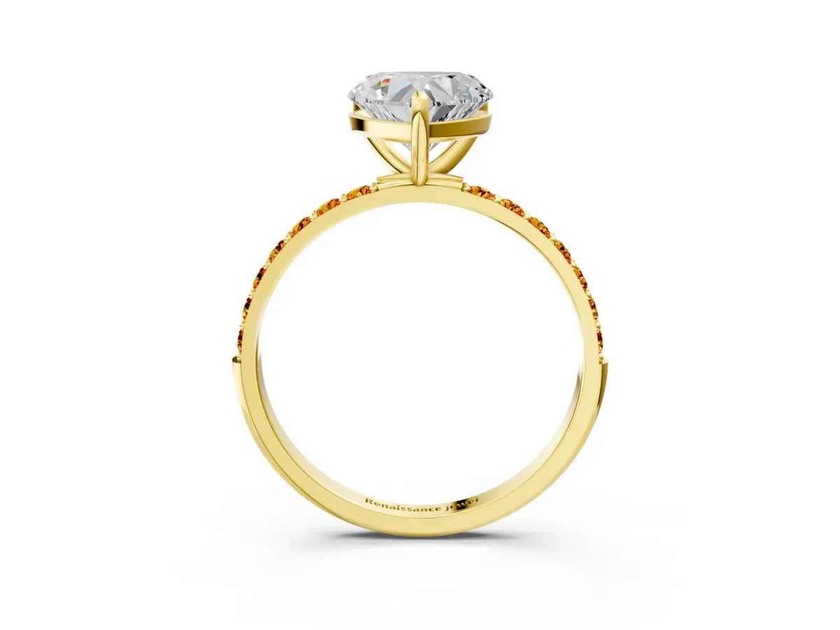 Heart Cut Diamond Solitaire Ring with Round Citrine Pavé Band and Prong Setting Yellow gold