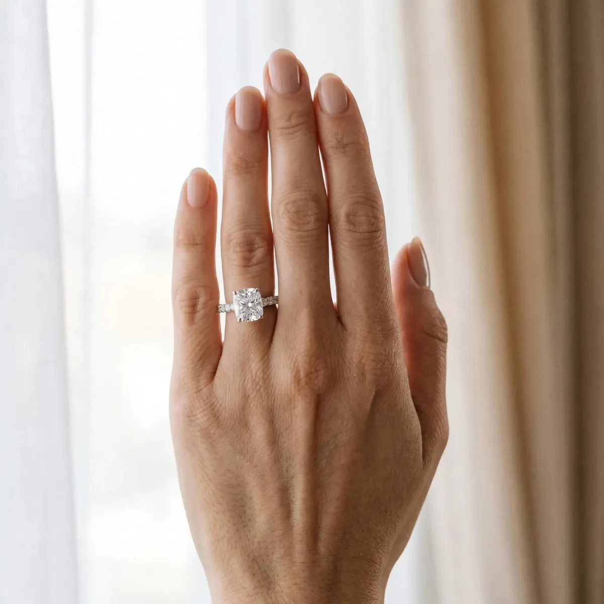 Radiant Cut Cut Diamond Solitaire Ring with U-Prong Diamond Band and Four Prong Setting Silver