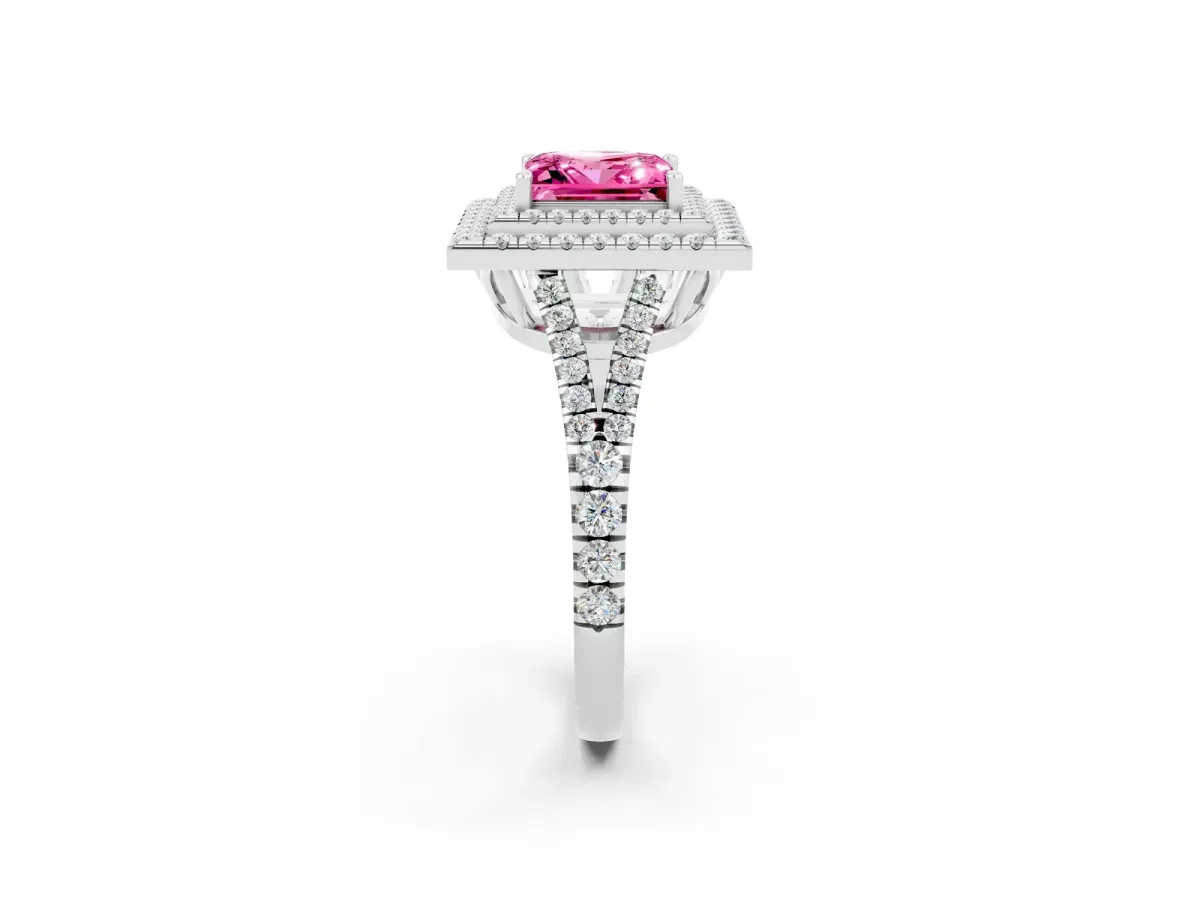 Princess Cut Pink Sapphire Double Halo Ring with Pavé Band and Prong Setting White gold