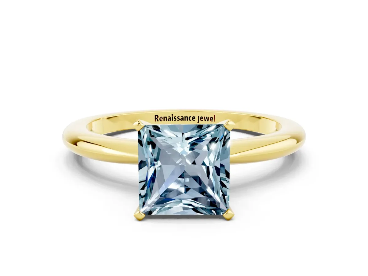 Princess Cut Aquamarine Solitaire Ring with Six-Prong Setting and Classic Band Yellow gold
