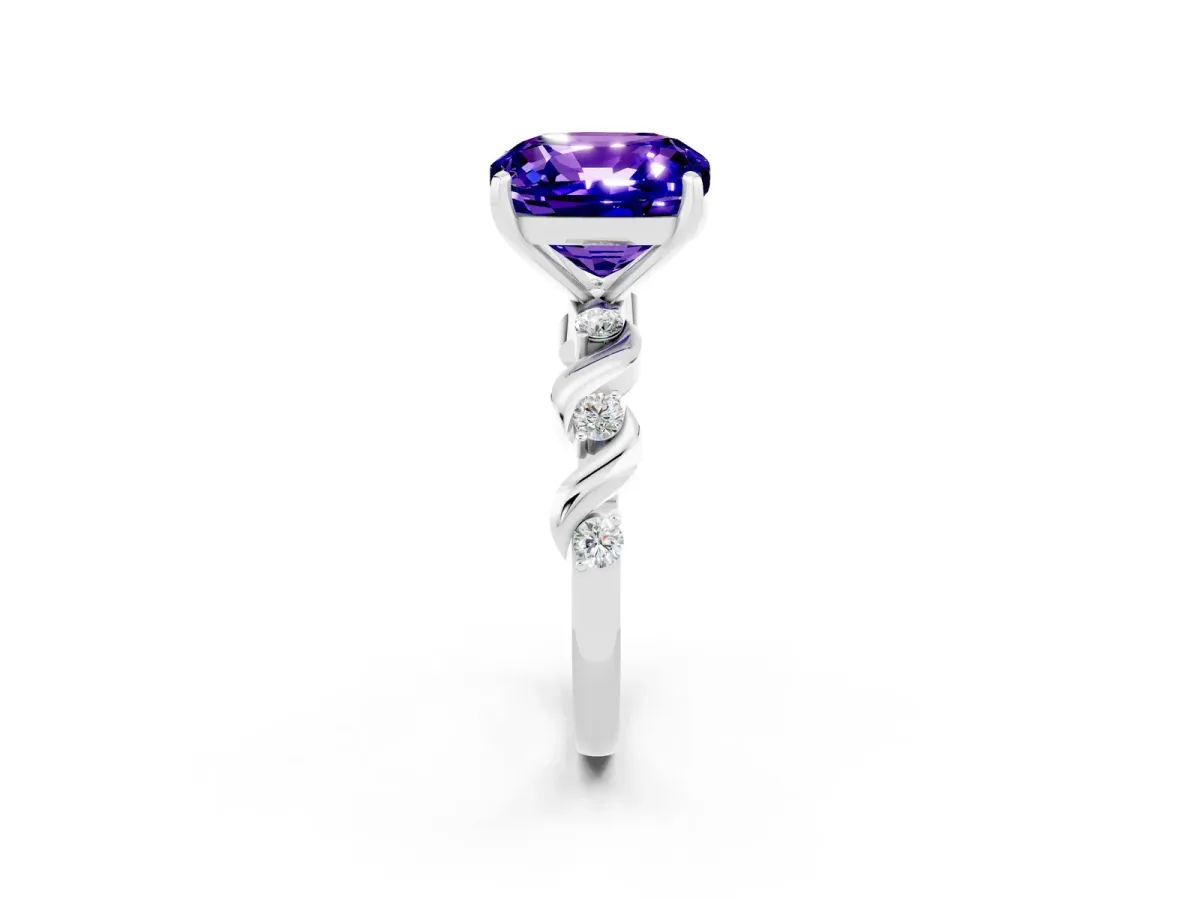 Cushion Cut Tanzanite Solitaire Twisted Band with Round Accents and Prong Setting White gold