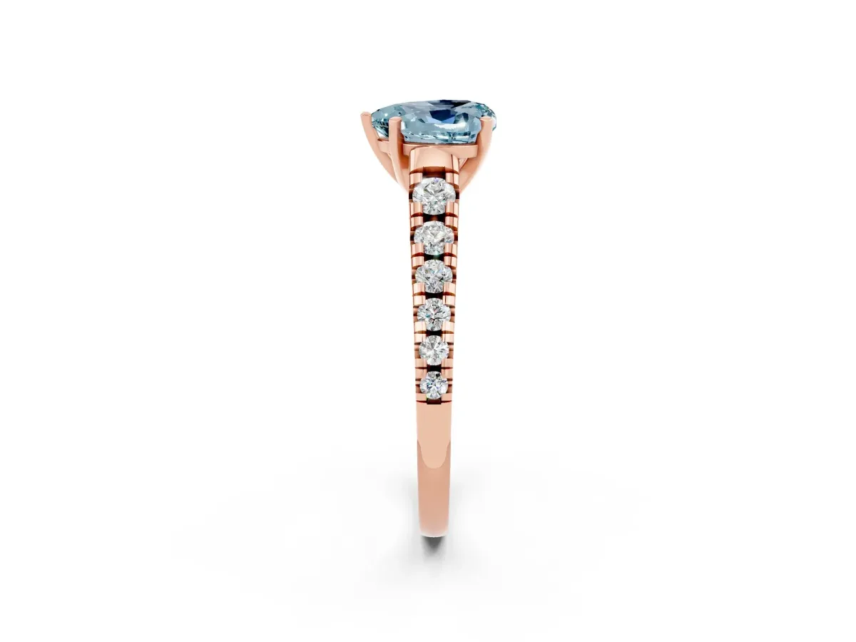 Heart Cut Aquamarine Cathedral Solitaire Ring with Round Pavé Band Rose gold