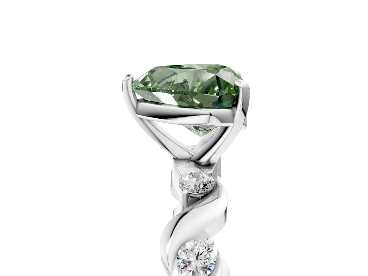 Fancy Green Heart Cut Diamond Solitaire Twisted Band with Round Accents and Prong Setting Platinum