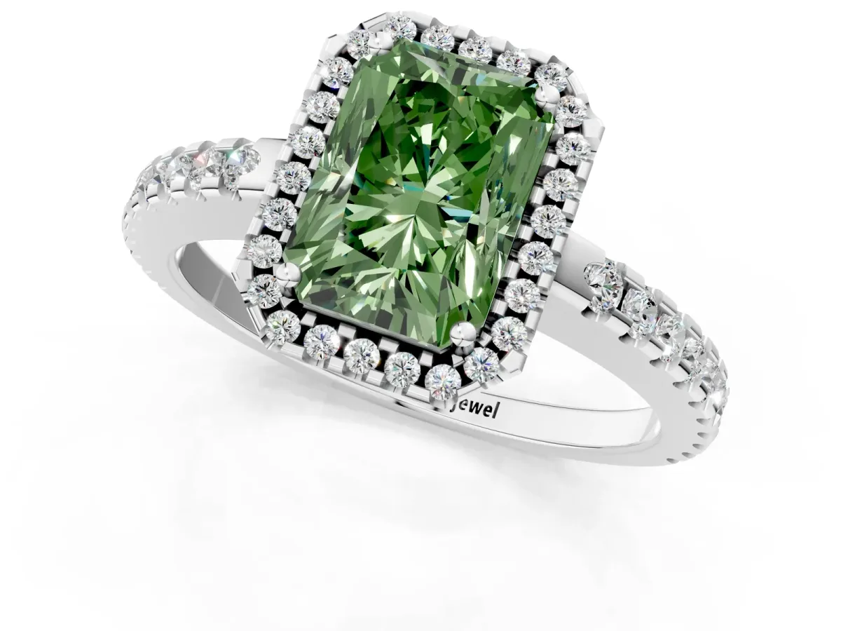 Fancy Green Radiant Cut Diamond Halo Engagement Ring with Pavé Band and Prong Setting Platinum