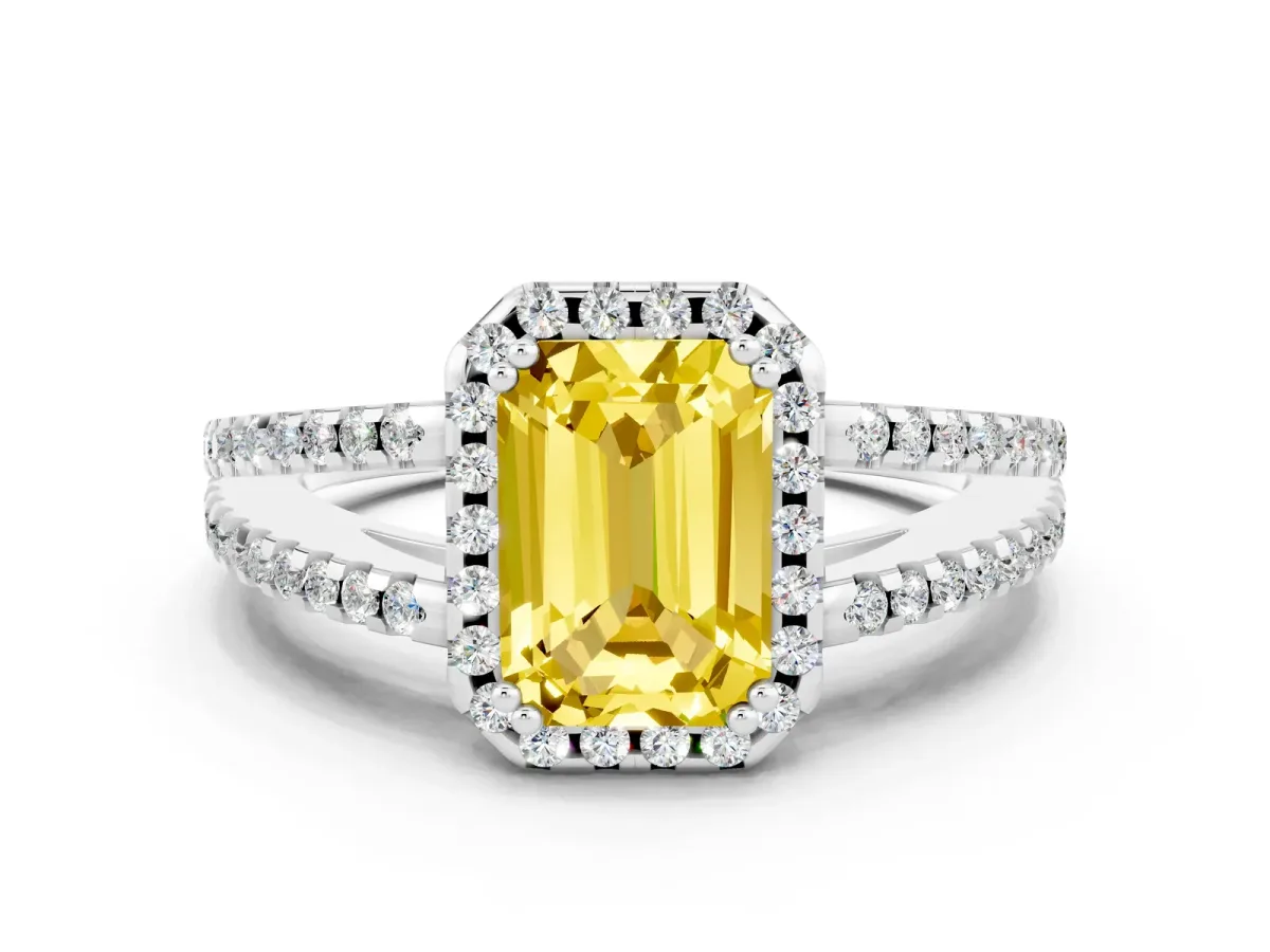 Emerald Cut Yellow Sapphire Halo Split Shank Engagement Ring Platinum