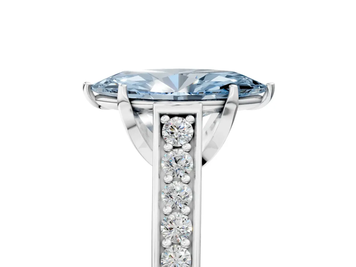 Fancy Blue Marquise Cut Brilliant Cut Diamond Engagement Ring with Pavé Band and Four-Prong Setting Platinum