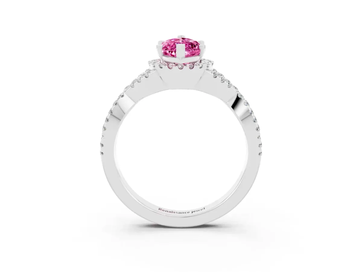 Marquise Cut Pink Sapphire Halo Twist Band Solitaire Prong Setting Ring White gold