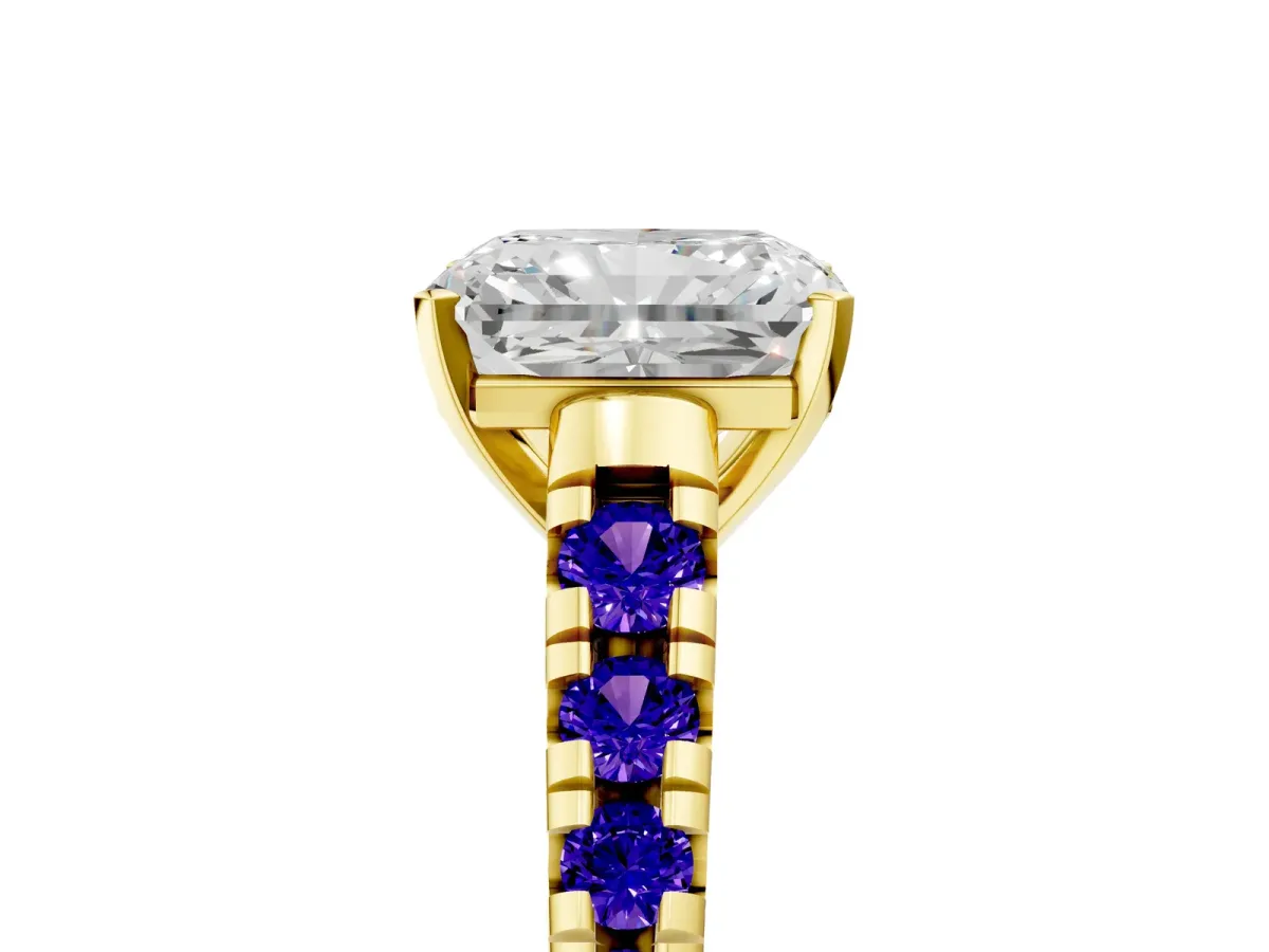 Radiant Cut Diamond Cathedral Solitaire Ring with Round Tanzanite Pavé Band Yellow gold