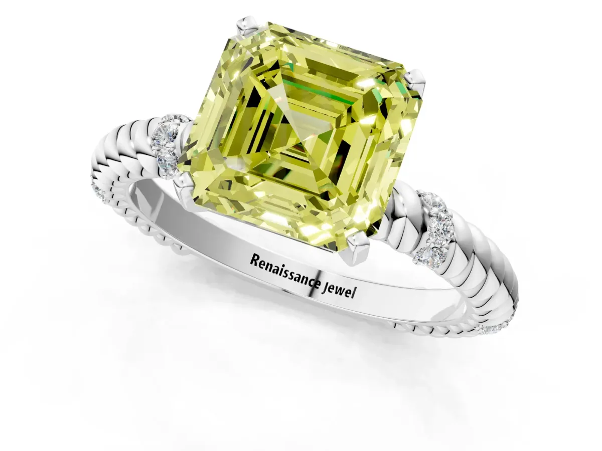 Fancy Yellow Asscher Cut Solitaire Twisted Band Prong Set Engagement Ring Silver