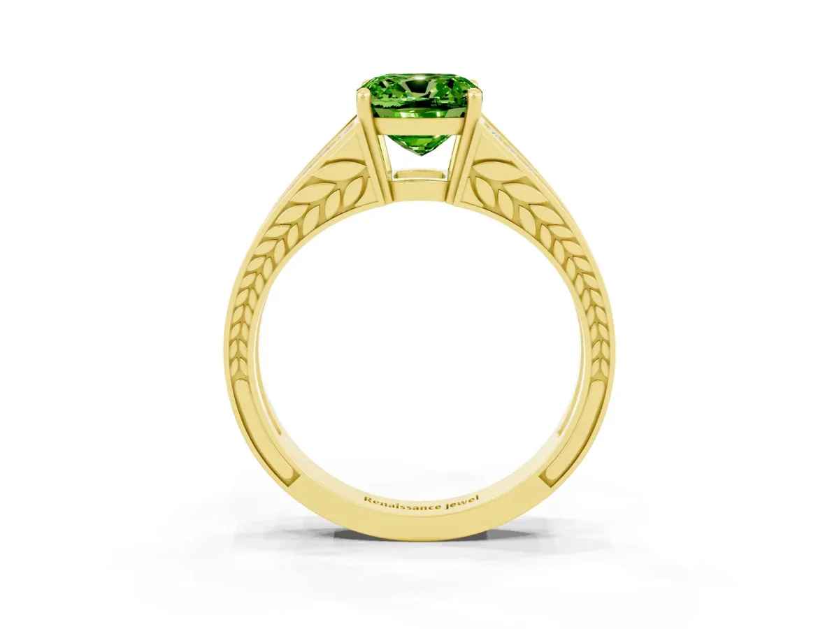 Cushion Cut Peridot Split Shank Ring with Pavé Band and Four-Prong Setting Yellow gold