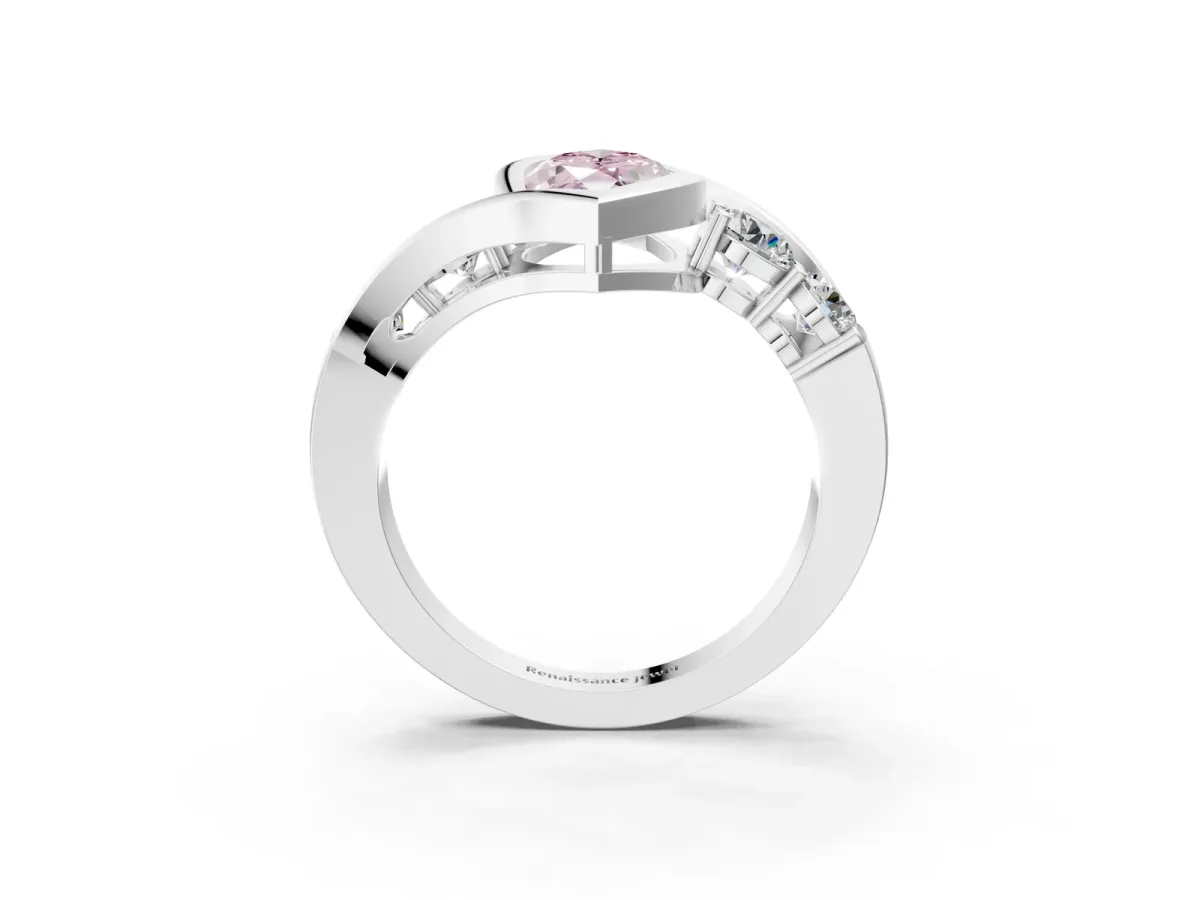 Fancy Pink Bezel Set Marquise Cut Diamond Bypass Ring with Round Accents Platinum