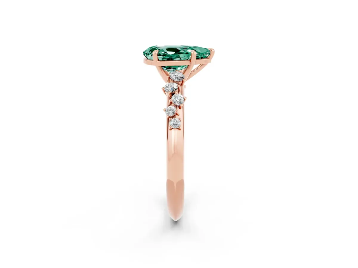 Pear Cut Green Sapphire Cluster Side Stone Solitaire Ring with Prong Setting Rose gold