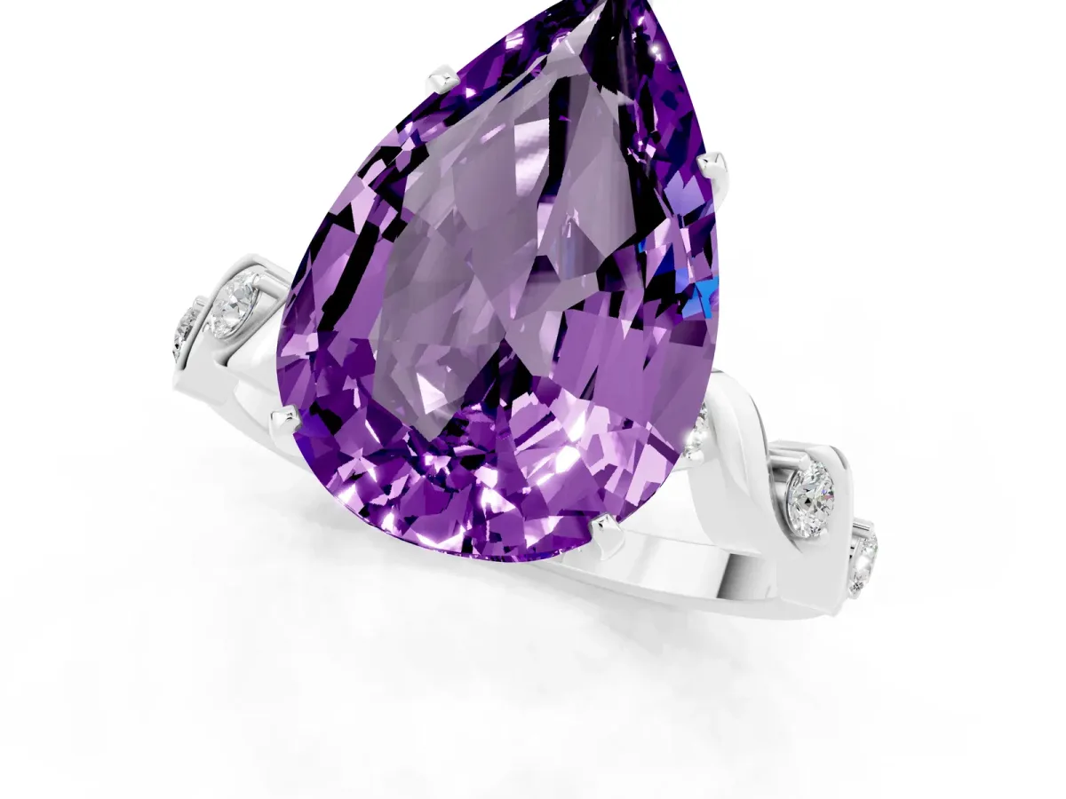Pear Cut Amethyst Solitaire Twisted Band with Round Accents and Prong Setting Silver