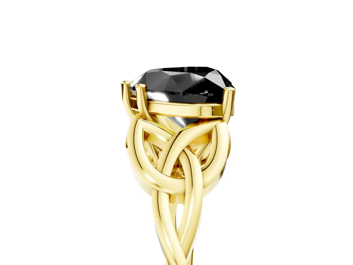 Fancy Black Heart Cut Diamond Solitaire Engagement Ring with Celtic Knot Band and Four-Prong Setting Yellow gold