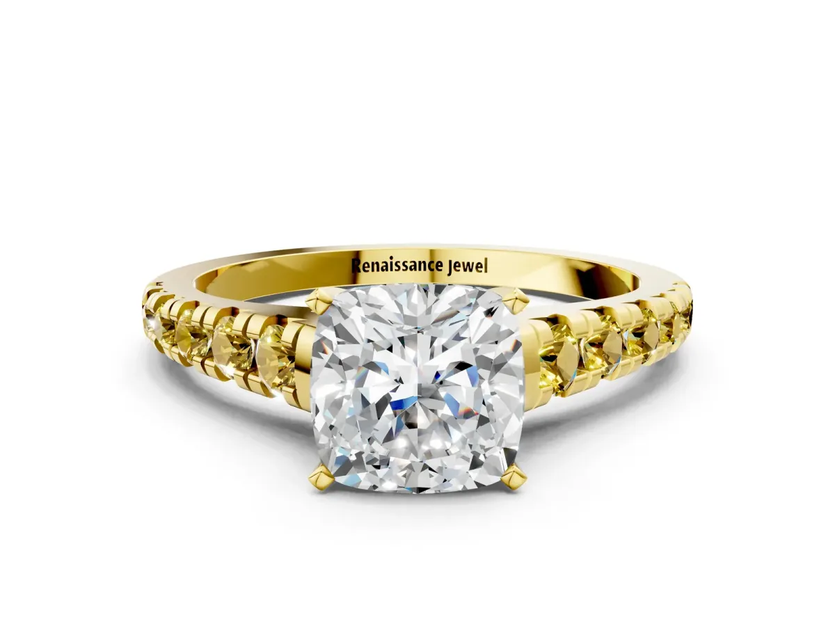 Cushion Cut Diamond Cathedral Solitaire Ring with Round Yellow Sapphire Pavé Band Yellow gold