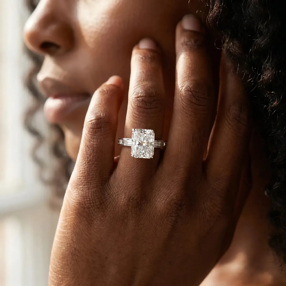 Radiant Cut Solitaire Diamond Ring with Channel-Set Baguette Band and Four-Prong Setting White gold