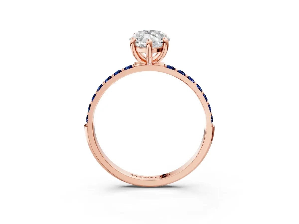 Marquise Cut Diamond Solitaire Ring with Round Blue Sapphire Pavé Band and Prong Setting Rose gold