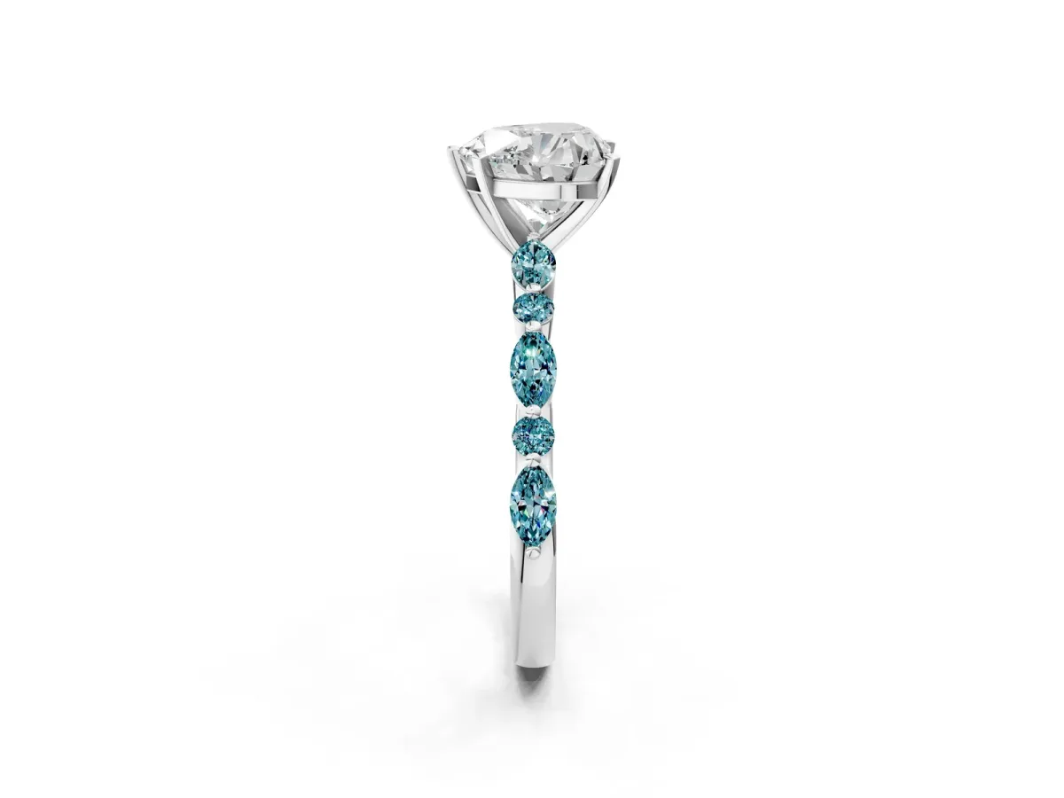 Heart Cut Diamond Ring with Marquise and Round Blue Topaz Side Stones and Four-Prong Setting White gold