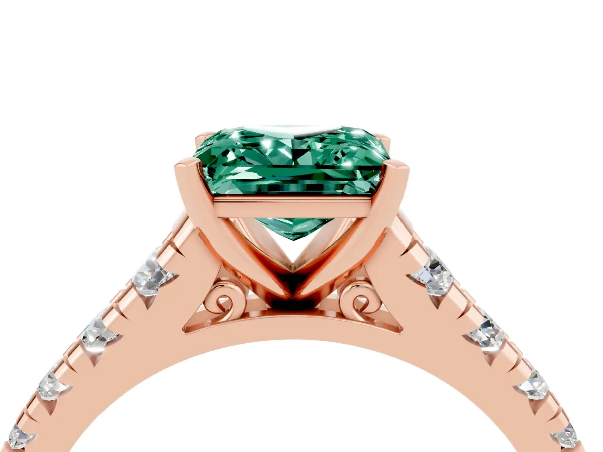 Princess Cut Green Sapphire Cathedral Solitaire Ring with Round Pavé Band Rose gold