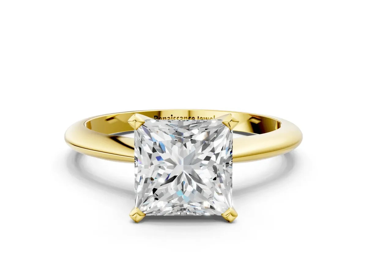 Princess Cut Diamond Solitaire Engagement Ring with Classic Band and Four-Prong Setting Yellow gold