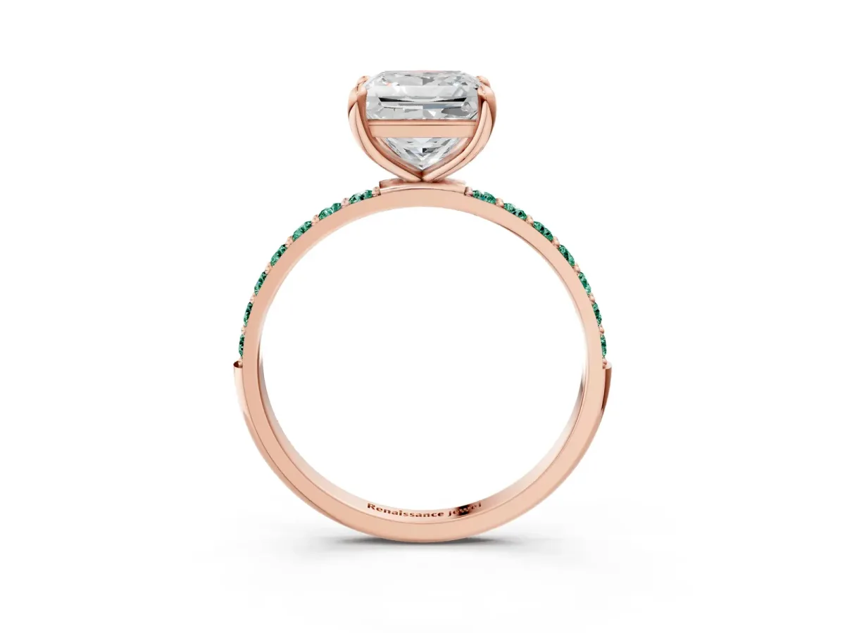 Princess Cut Diamond Solitaire Ring with Round Green Sapphire Pavé Band and Prong Setting Rose gold