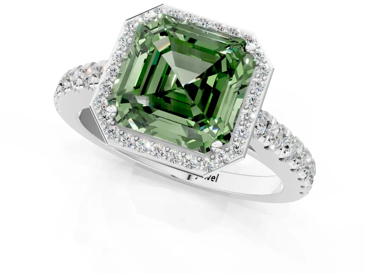 Fancy Green Asscher Cut Cut Halo Diamond Engagement Ring with Pave Band and Four-Prong Setting Platinum