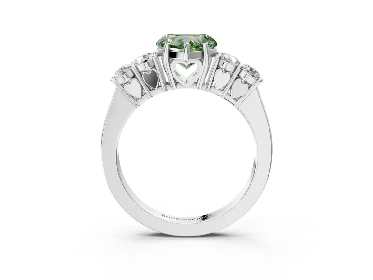 Fancy Green Heart Cut Cut Diamond Five-Stone Prong Set White Gold Ring Platinum