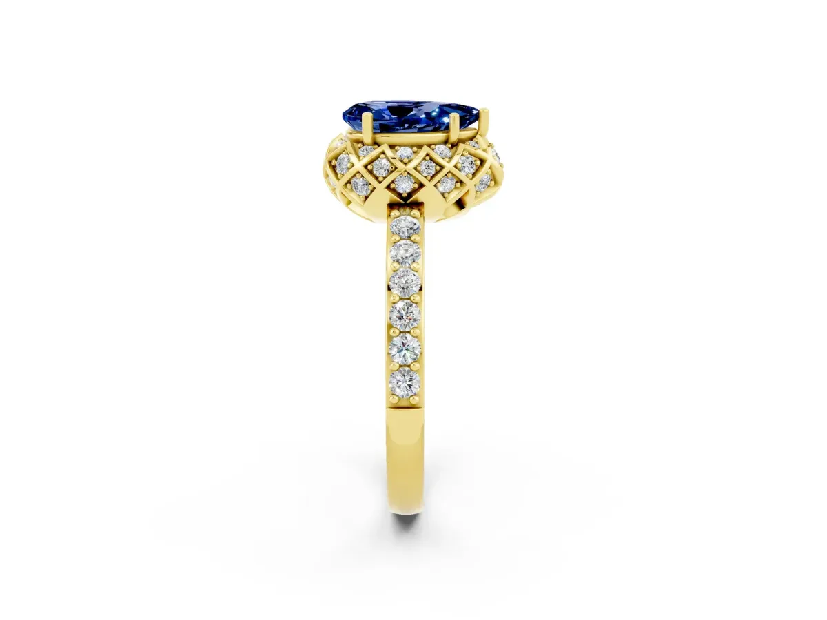 Pear Cut Blue Sapphire Scalloped Halo Engagement Ring with Round Shared Prong Band Yellow gold