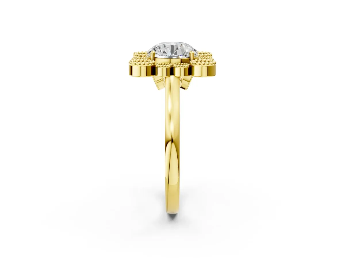 Round Cut Halo Diamond Cluster Engagement Ring with Milgrain Bezel Setting and Solitaire Band Yellow gold