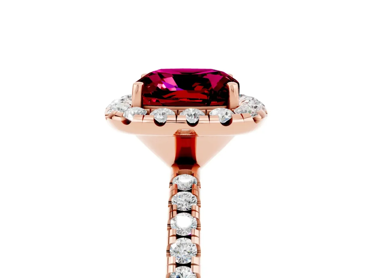 Cushion Cut Garnet Halo Ring with Round Pavé Band and Prong Setting Rose gold