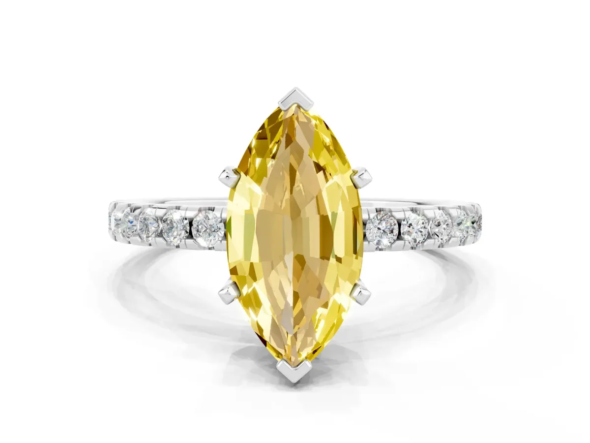 Marquise Cut Yellow Sapphire Solitaire Ring with Round Pavé Band and Four-Prong Setting White gold