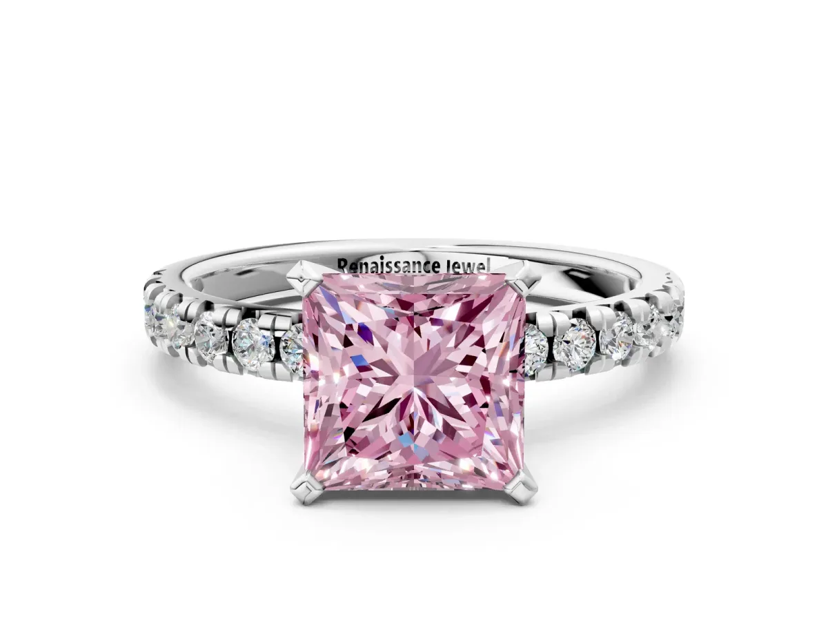 Fancy Pink Princess Cut Diamond Solitaire Pavé Engagement Ring with Round Band and Prong Setting White gold