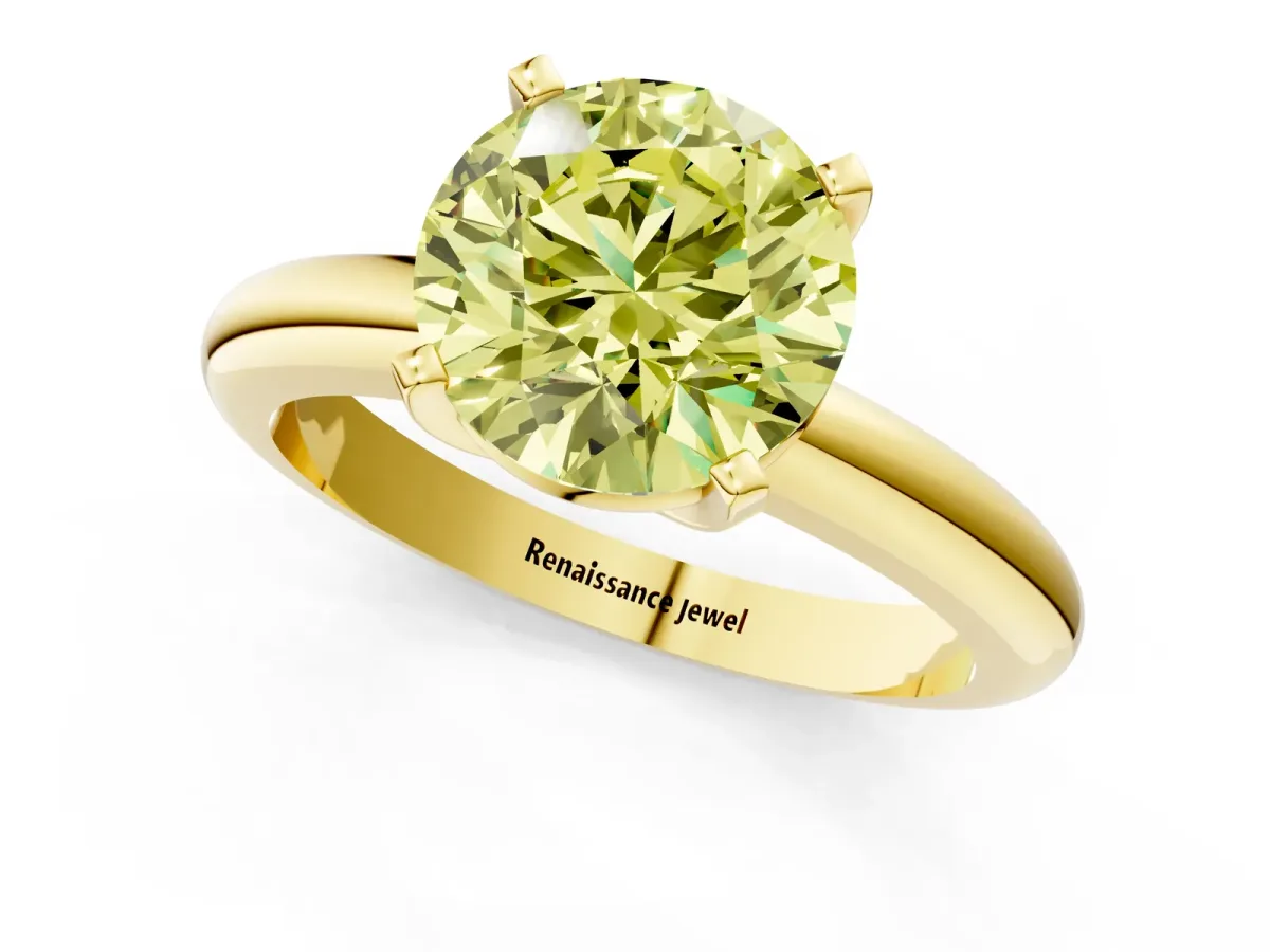Fancy Yellow Round Cut Diamond Solitaire Engagement Ring with Round Band and Four-Prong Setting Yellow gold