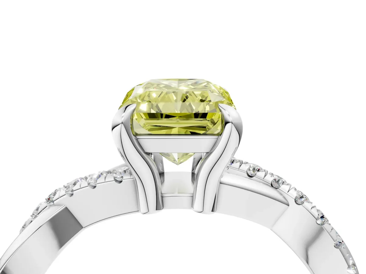 Fancy Yellow Radiant Cut Cut Twist Band Solitaire Diamond Ring with Pavé Setting Platinum