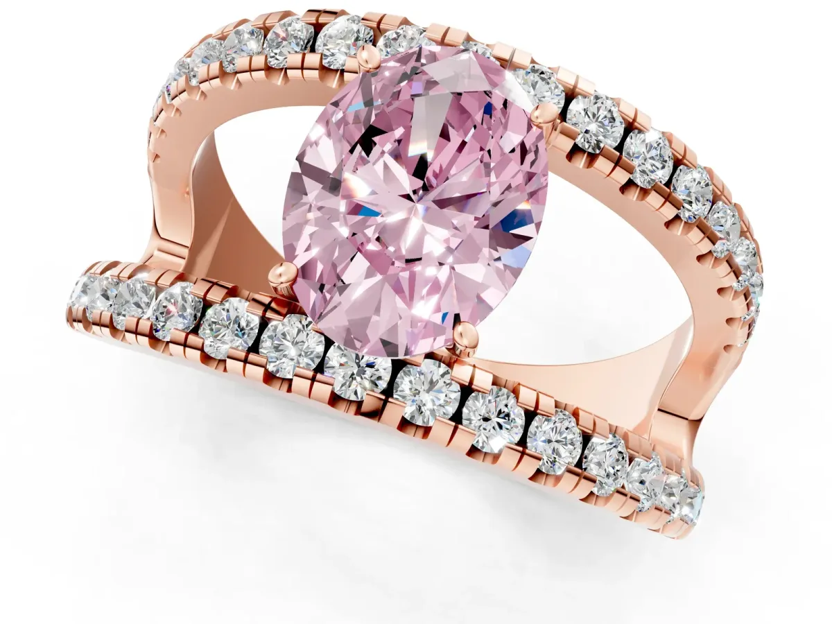 Fancy Pink Oval Cut Solitaire Split Shank Pave Diamond Ring Rose gold