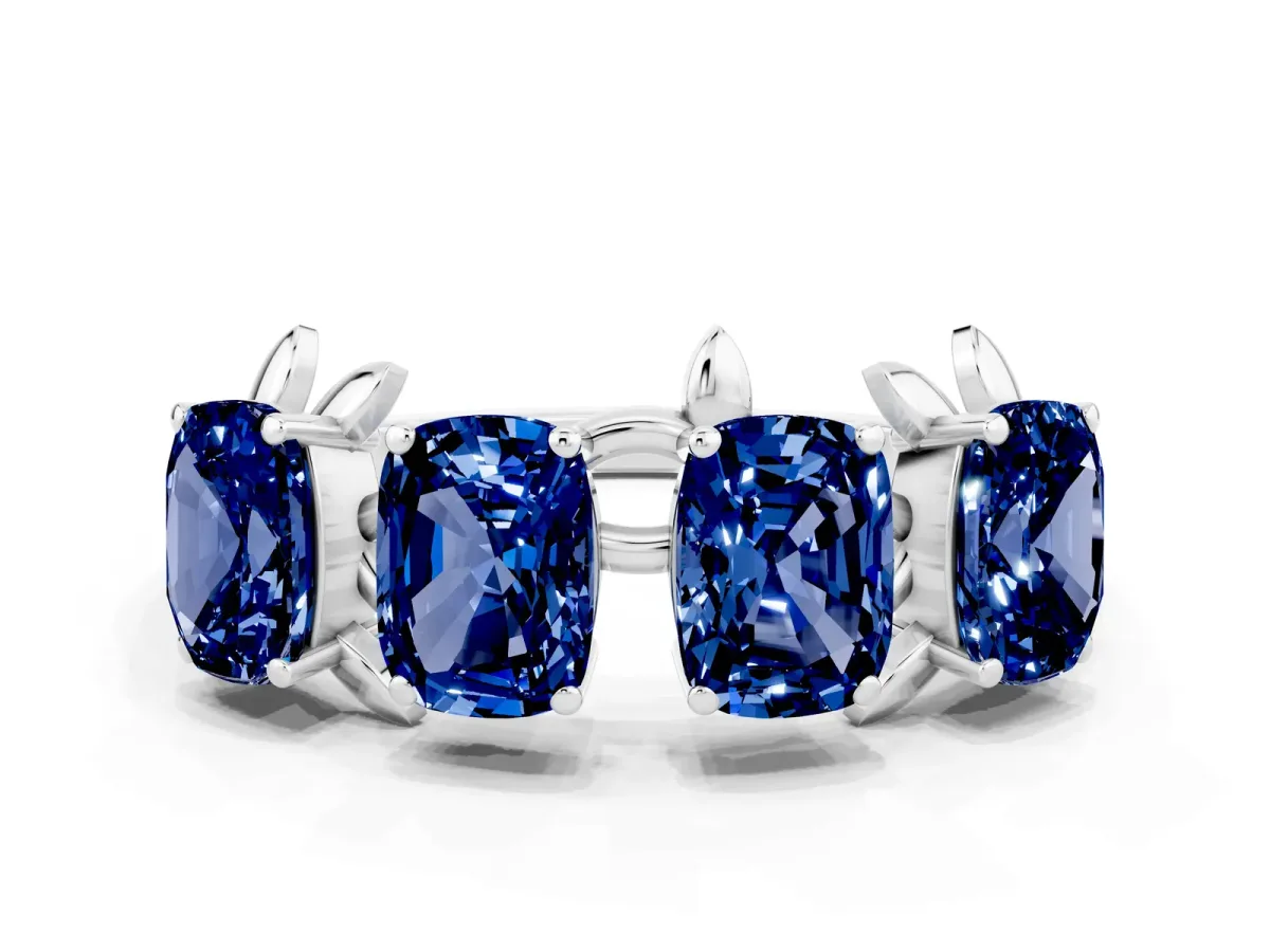 Four-Stone Elongated Cushion Blue Sapphire Band with Nature-Inspired Prong Setting White gold