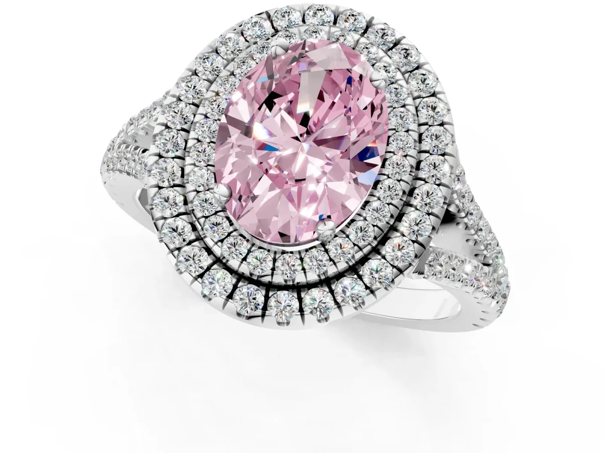 Fancy Pink Oval Cut Diamond Double Halo Ring with Pavé Band and Prong Setting Silver