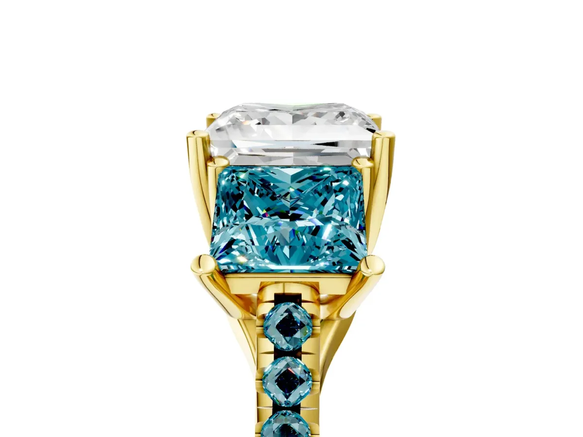 Three-Stone Princess Cut Diamond Ring with Round Blue Topaz Pavé Band and Prong Setting Yellow gold