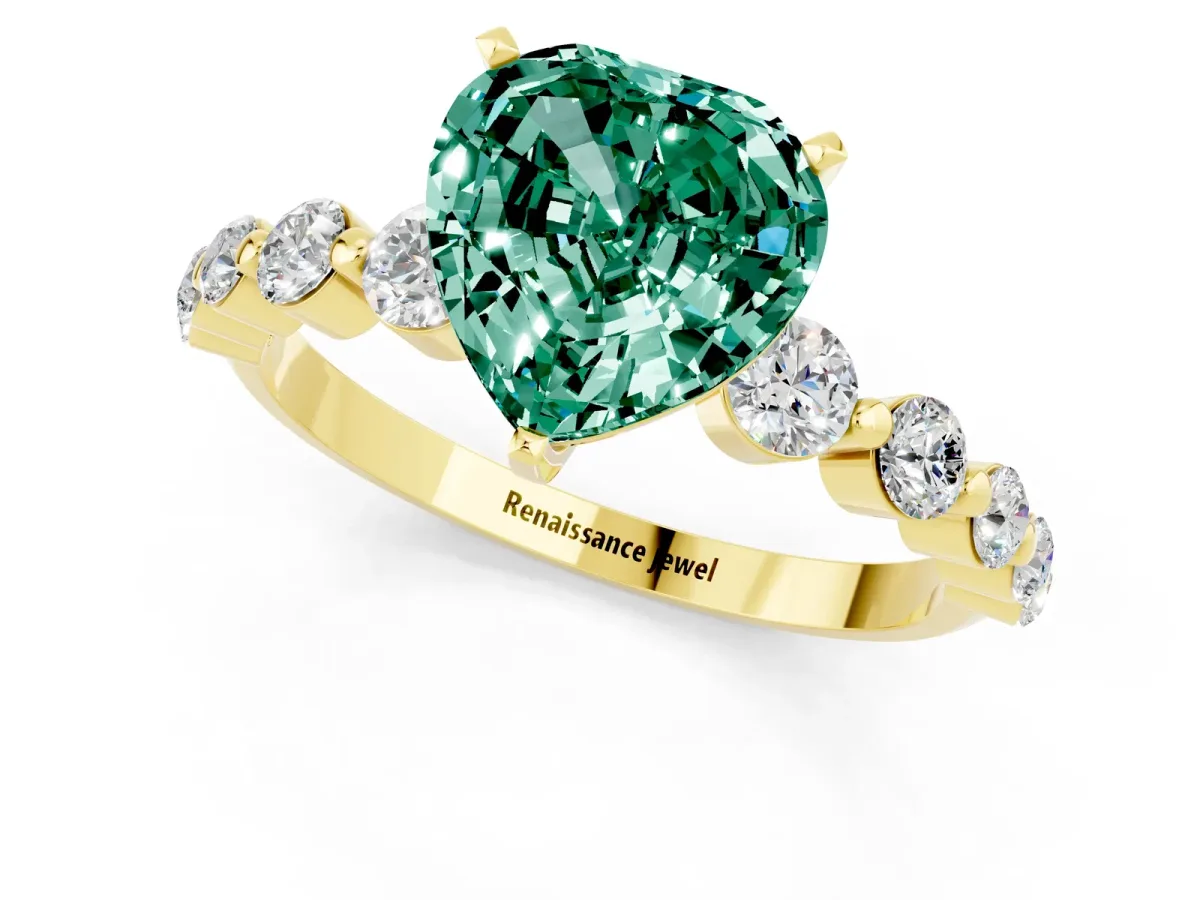 Heart Cut Solitaire Green Sapphire Ring with Pave Band and Four-Prong Setting Yellow gold