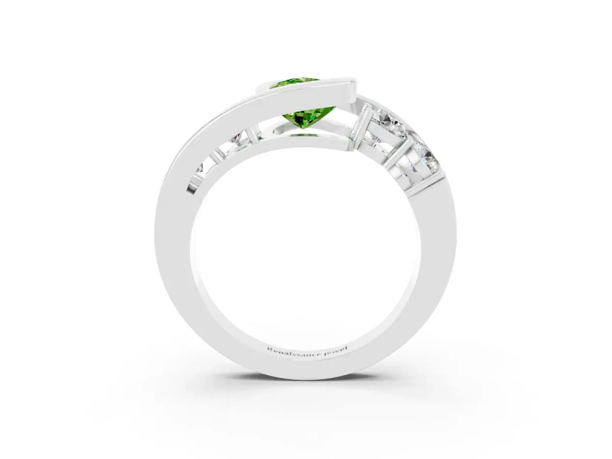 Bezel Set Pear Cut Peridot Bypass Ring with Round Accents Platinum