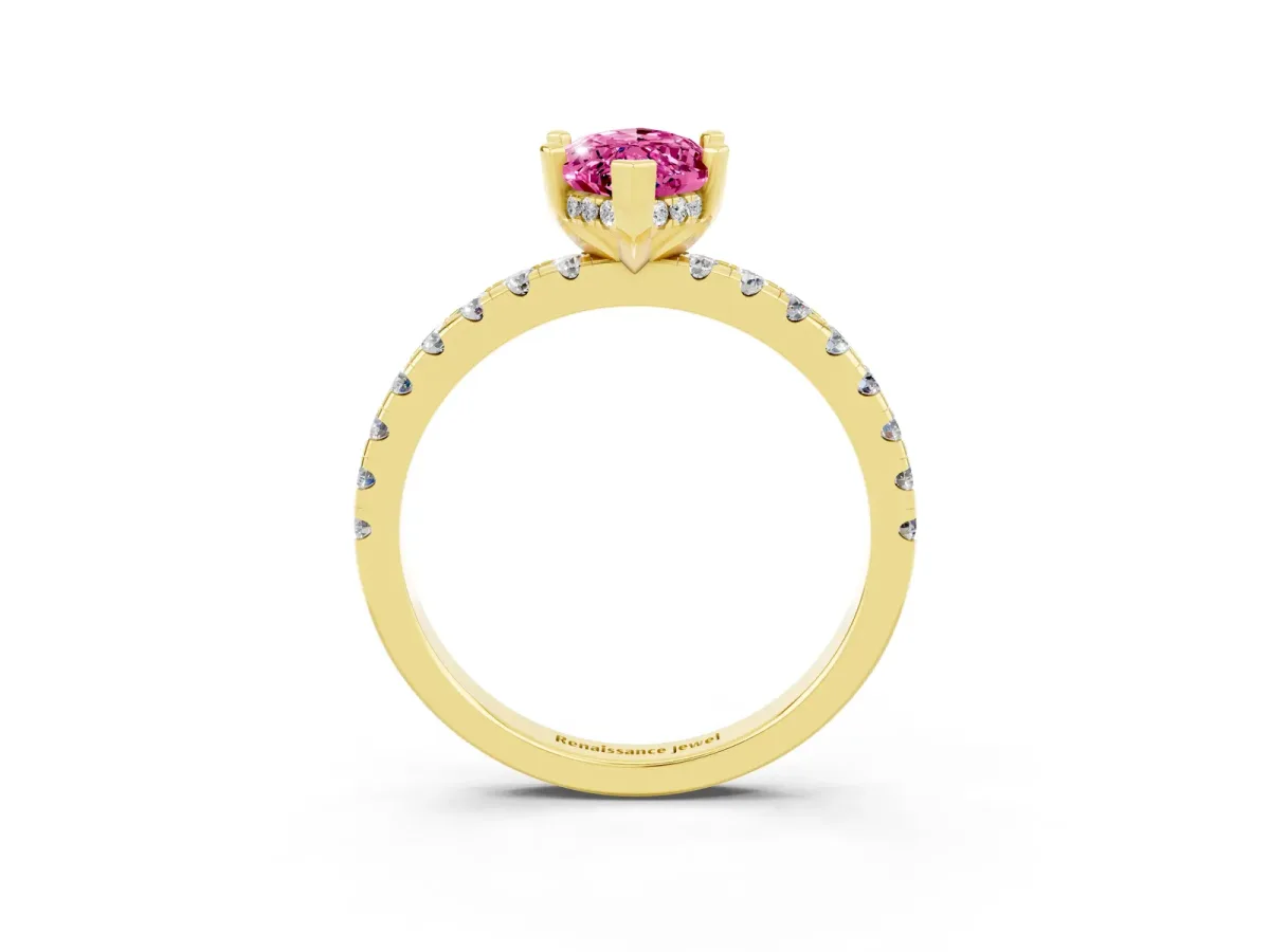 Marquise Cut Pink Sapphire Solitaire Ring with Round Pavé Band and Four-Prong Setting Yellow gold
