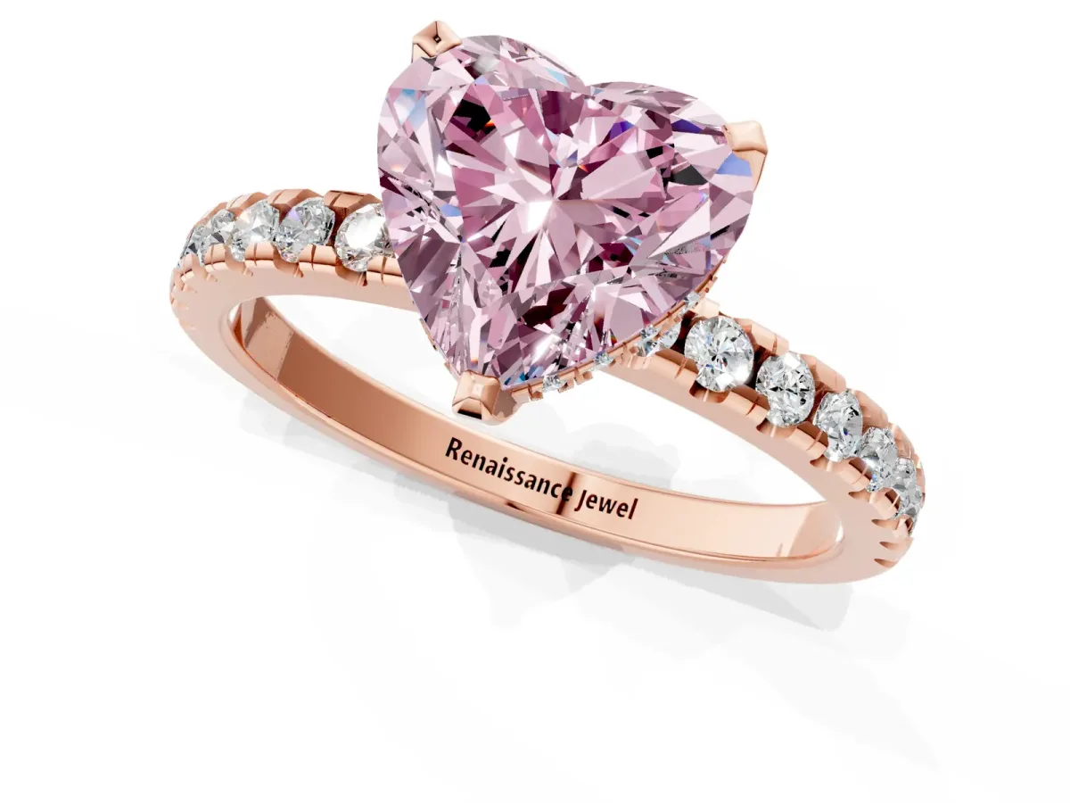 Fancy Pink Heart Cut Diamond Solitaire Ring with Round Pavé Band and Four-Prong Setting Rose gold