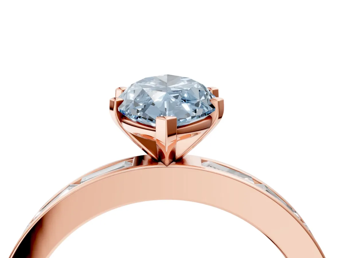Fancy Blue Marquise Cut Solitaire Diamond Ring with Channel-Set Baguette Band and Four-Prong Setting Rose gold