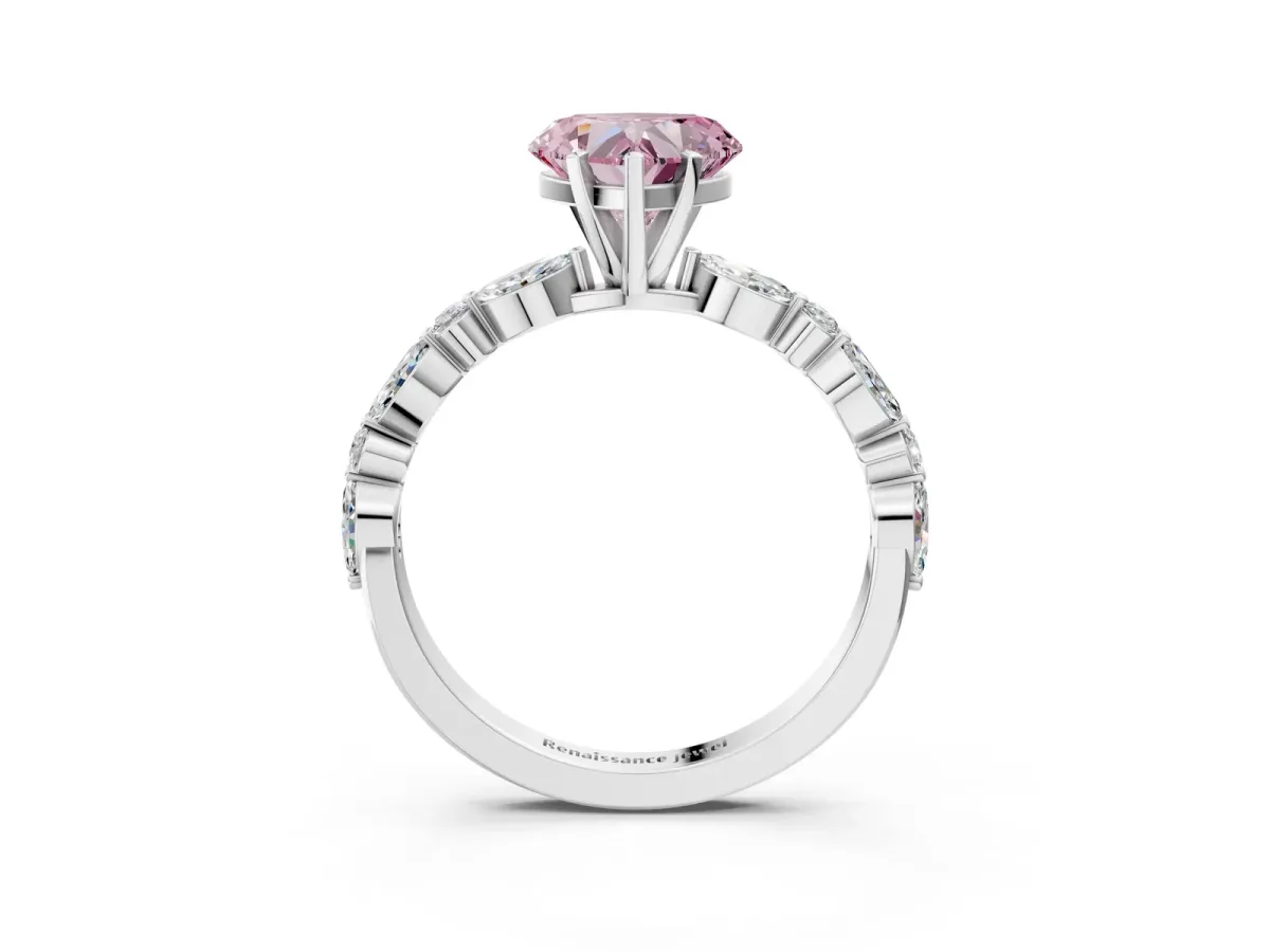 Fancy Pink Heart Cut Diamond Ring with Marquise and Round Side Stones and Four-Prong Setting White gold