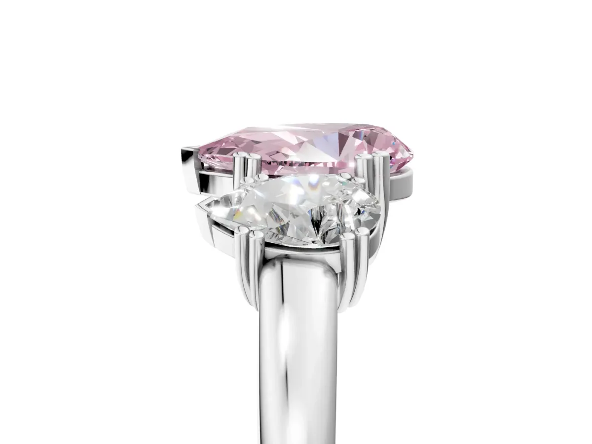 Fancy Pink Three-Stone Pear Cut Cut Diamond Ring with Channel Set Band and Four-Prong Setting Silver