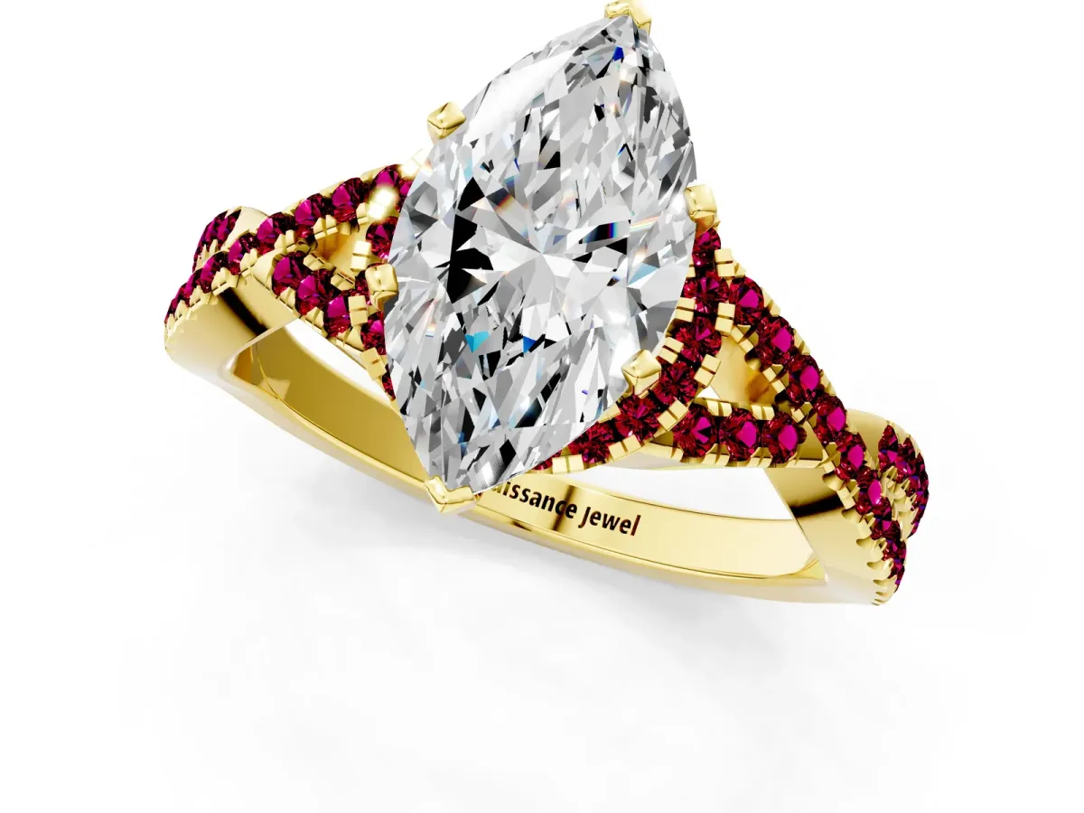 Marquise Cut Diamond Garnet Halo Twist Band Solitaire Prong Setting Ring Yellow gold
