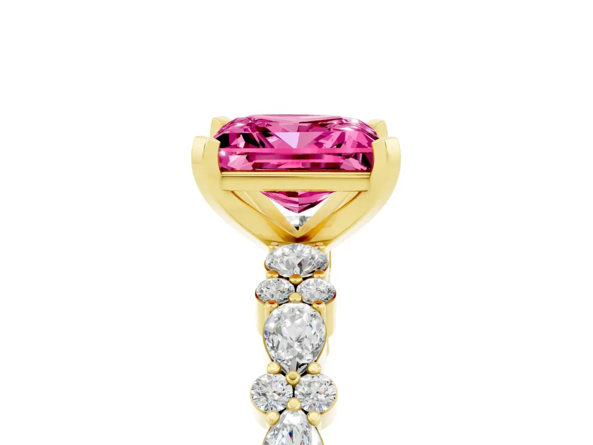 Princess Cut Pink Sapphire Side Stone Solitaire Ring with Round and Four-Prong Setting Yellow gold