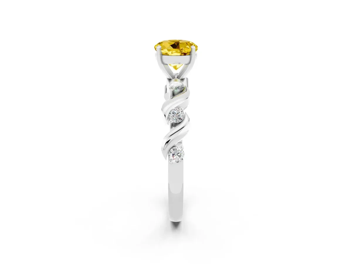 Round Cut Yellow Sapphire Solitaire Twisted Band with Round Accents and Prong Setting White gold