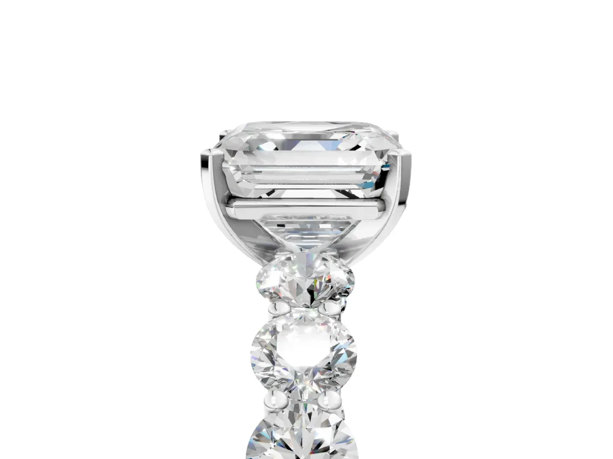 Asscher Cut Diamond Prong Setting with Side Stones on a Pave Band Silver